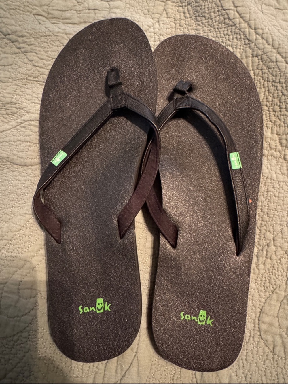 Sanuk Black Flip Flops with Green Logo Accents